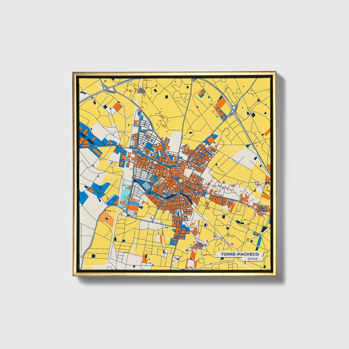 Torre-Pacheco Spain Colorful City Map Canvas Print • Gold Framed