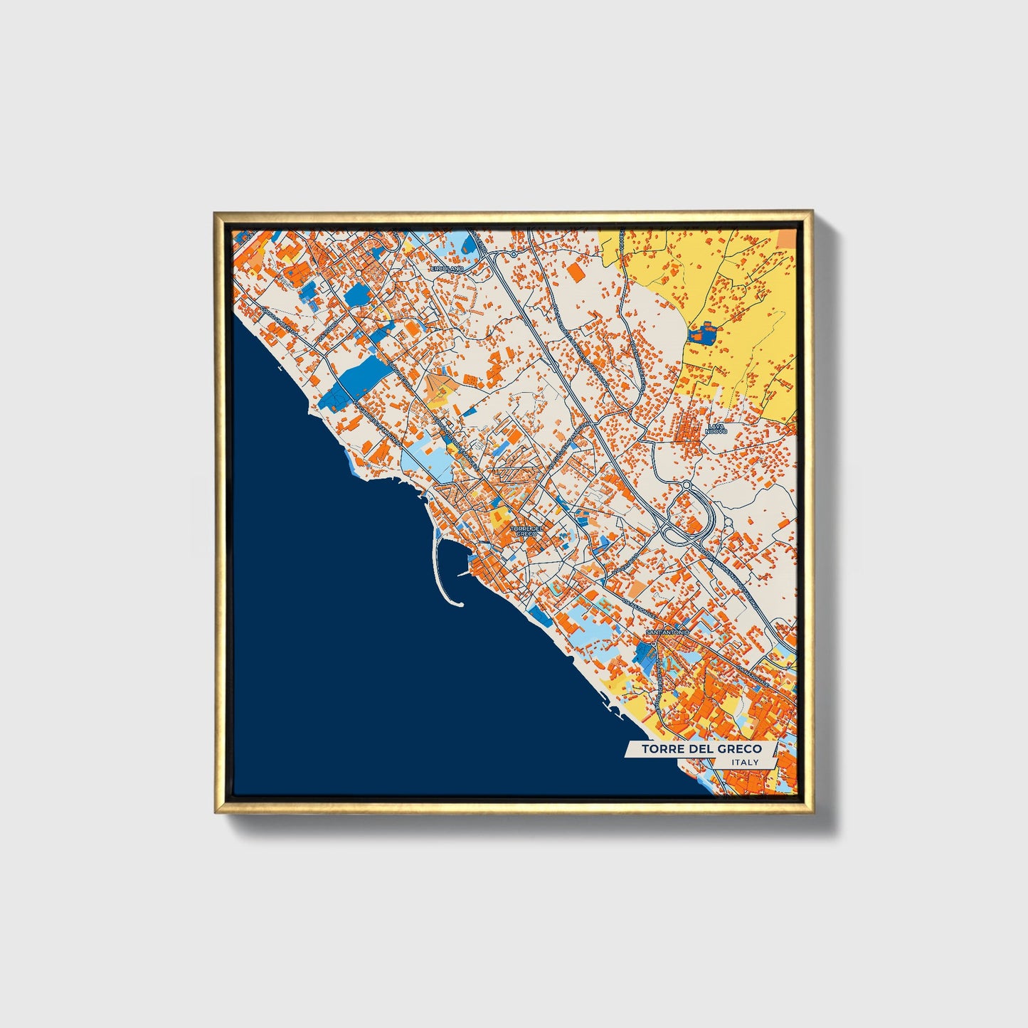 Torre Del Greco Italy Colorful City Map Canvas Print • Gold Framed