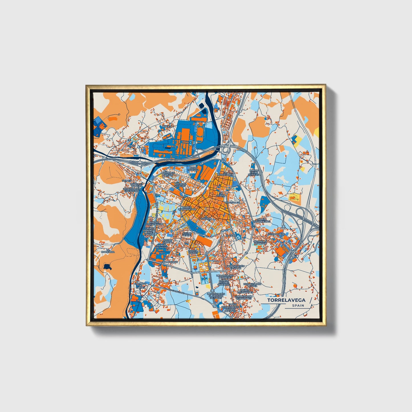 Torrelavega Spain Colorful City Map Canvas Print • Gold Framed