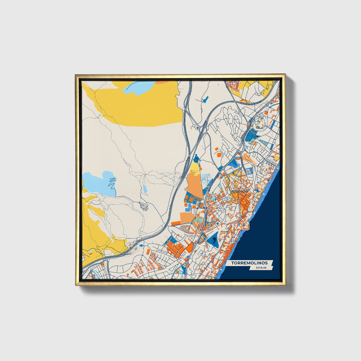 Torremolinos Spain Colorful City Map Canvas Print • Gold Framed
