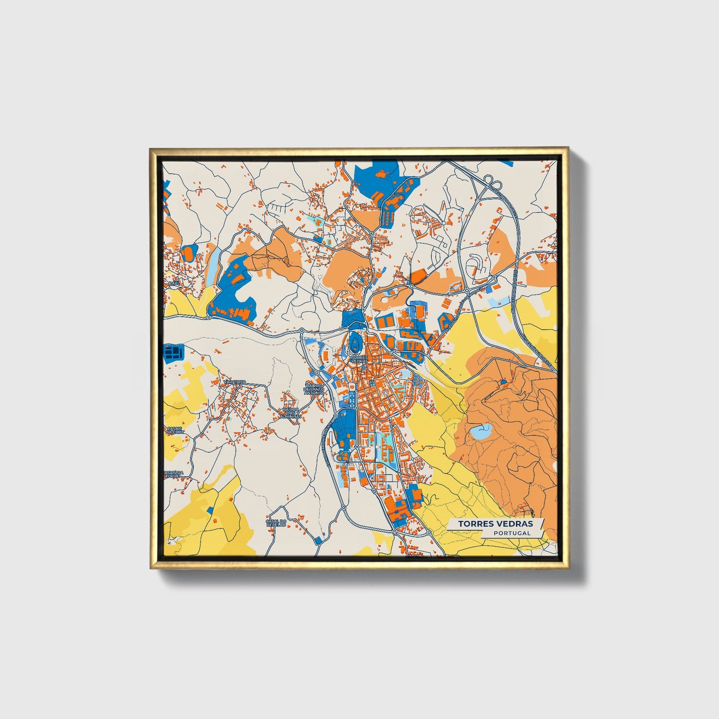 Torres Vedras Portugal Colorful City Map Canvas Print • Gold Framed