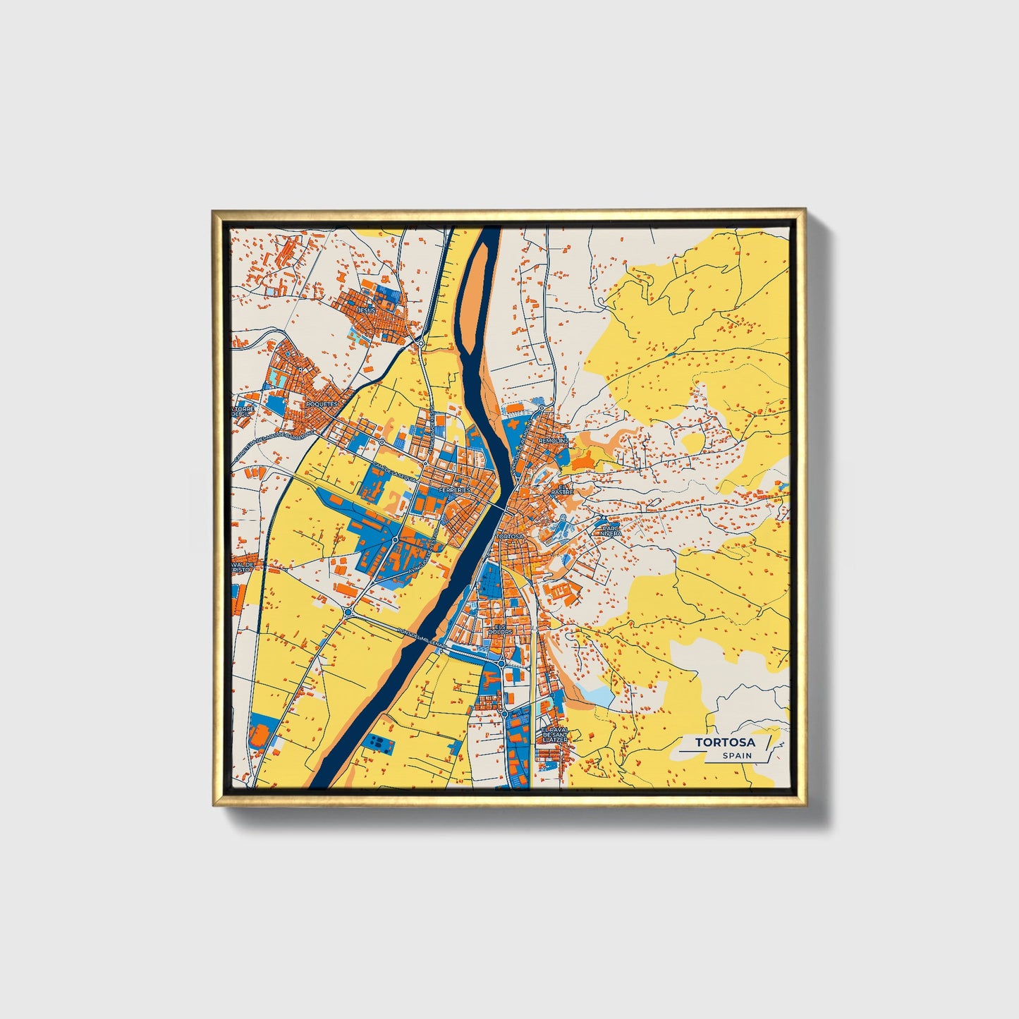 Tortosa Spain Colorful City Map Canvas Print • Gold Framed
