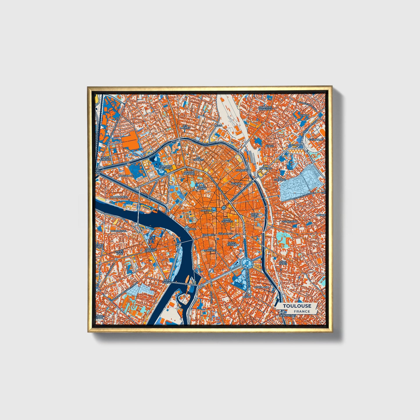 Toulouse France Colorful City Map Canvas Print • Gold Framed