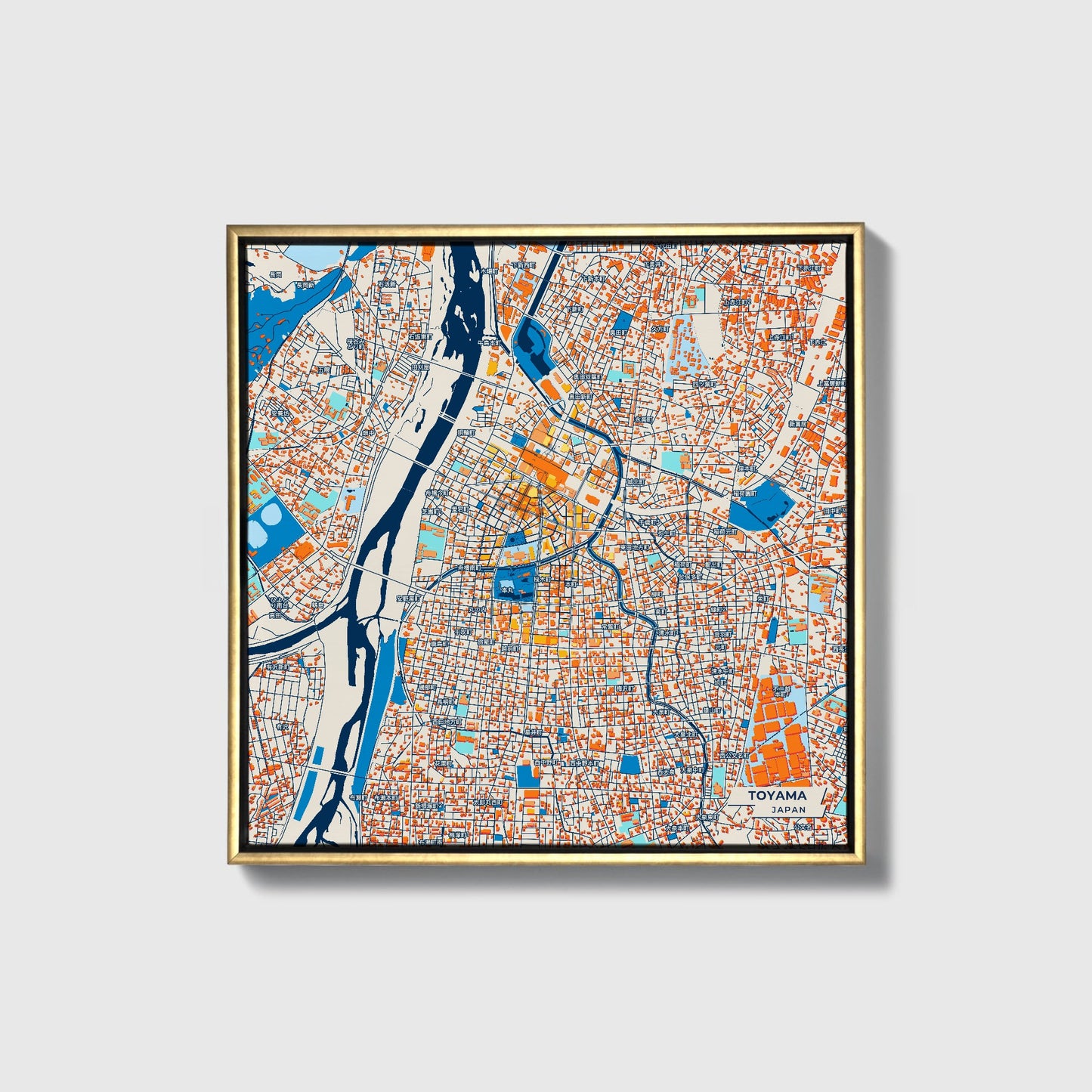 Toyama Japan Colorful City Map Canvas Print • Gold Framed