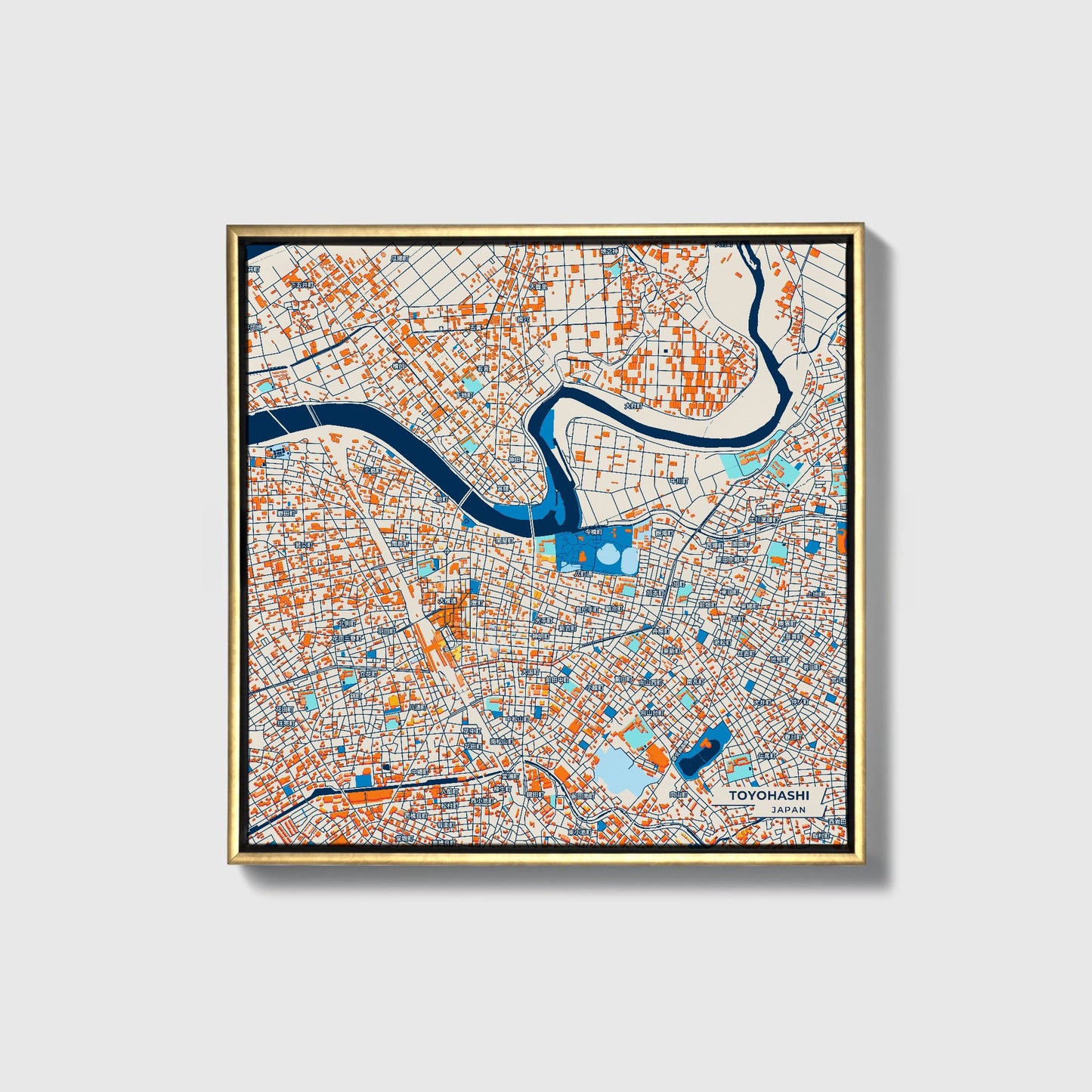 Toyohashi Japan Colorful City Map Canvas Print • Gold Framed
