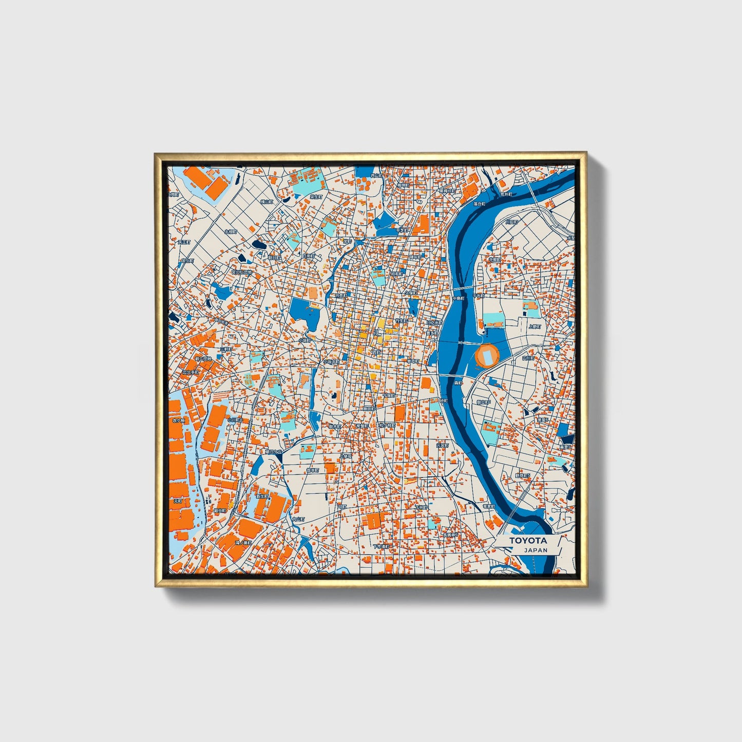 Toyota Japan Colorful City Map Canvas Print • Gold Framed