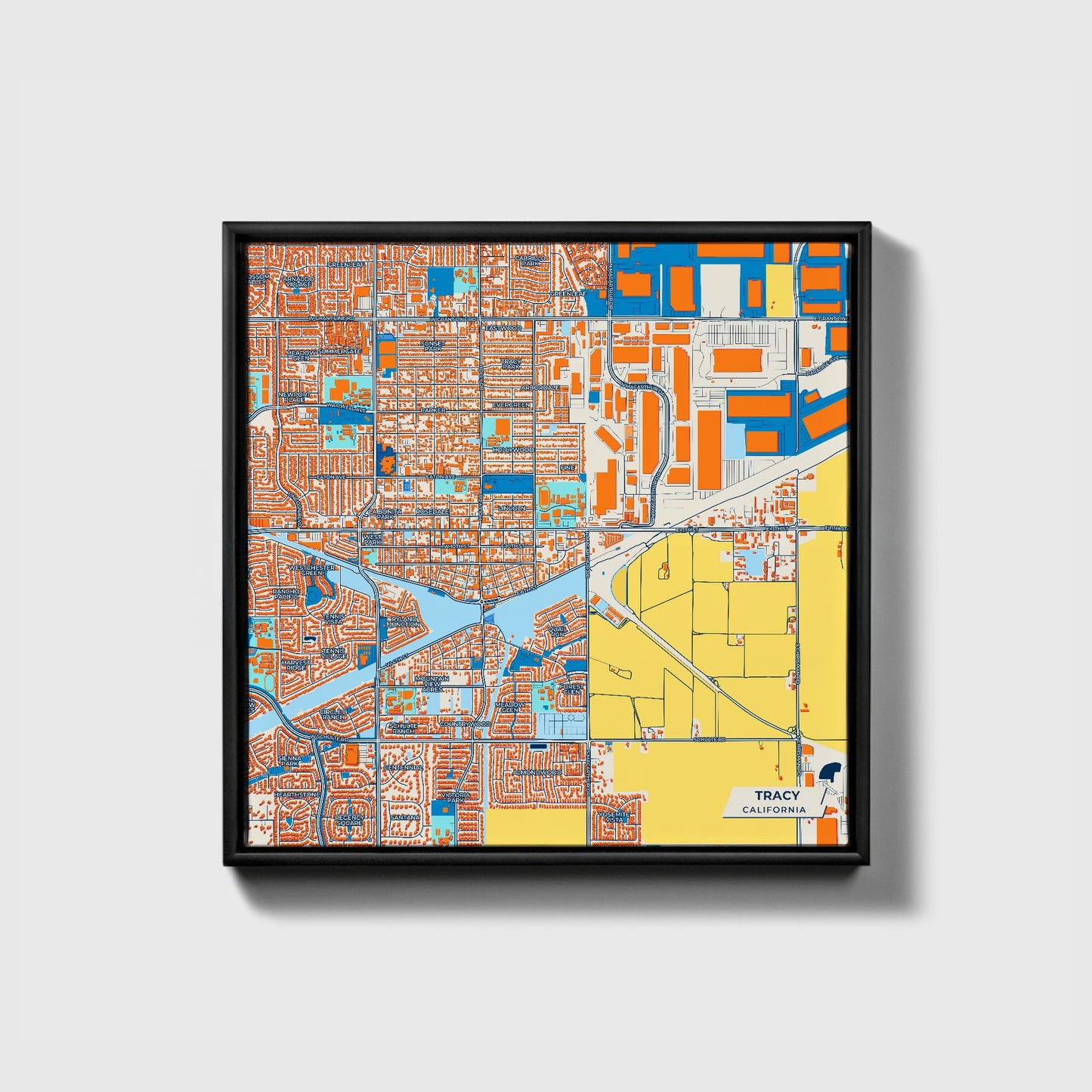 Tracy California Colorful City Map Canvas Print • Black Framed
