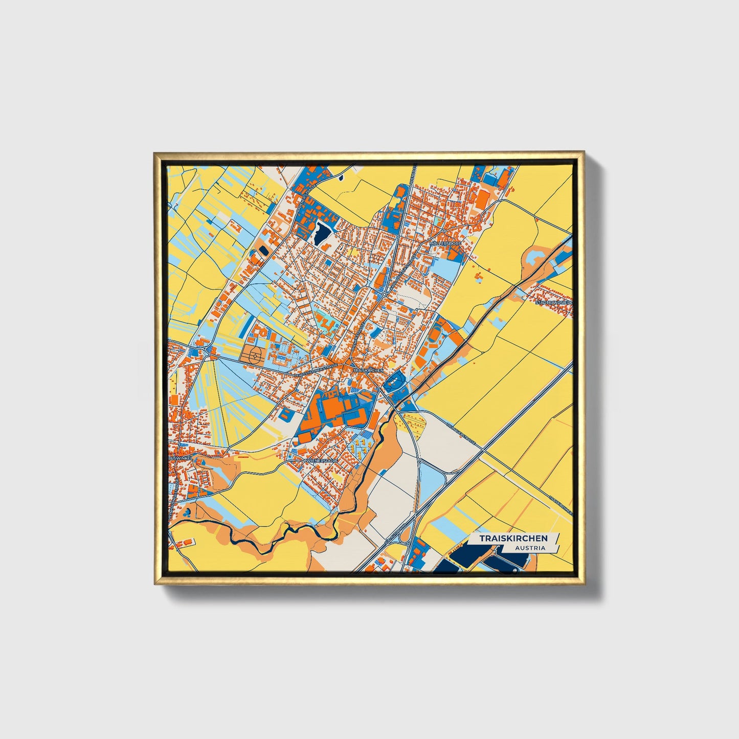 Traiskirchen Austria Colorful City Map Canvas Print • Gold Framed