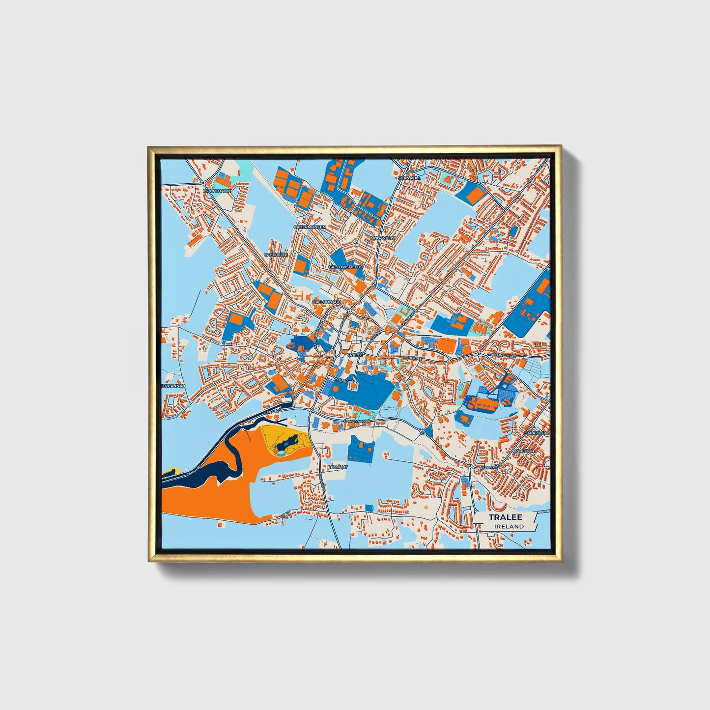 Tralee Ireland Colorful City Map Canvas Print • Gold Framed