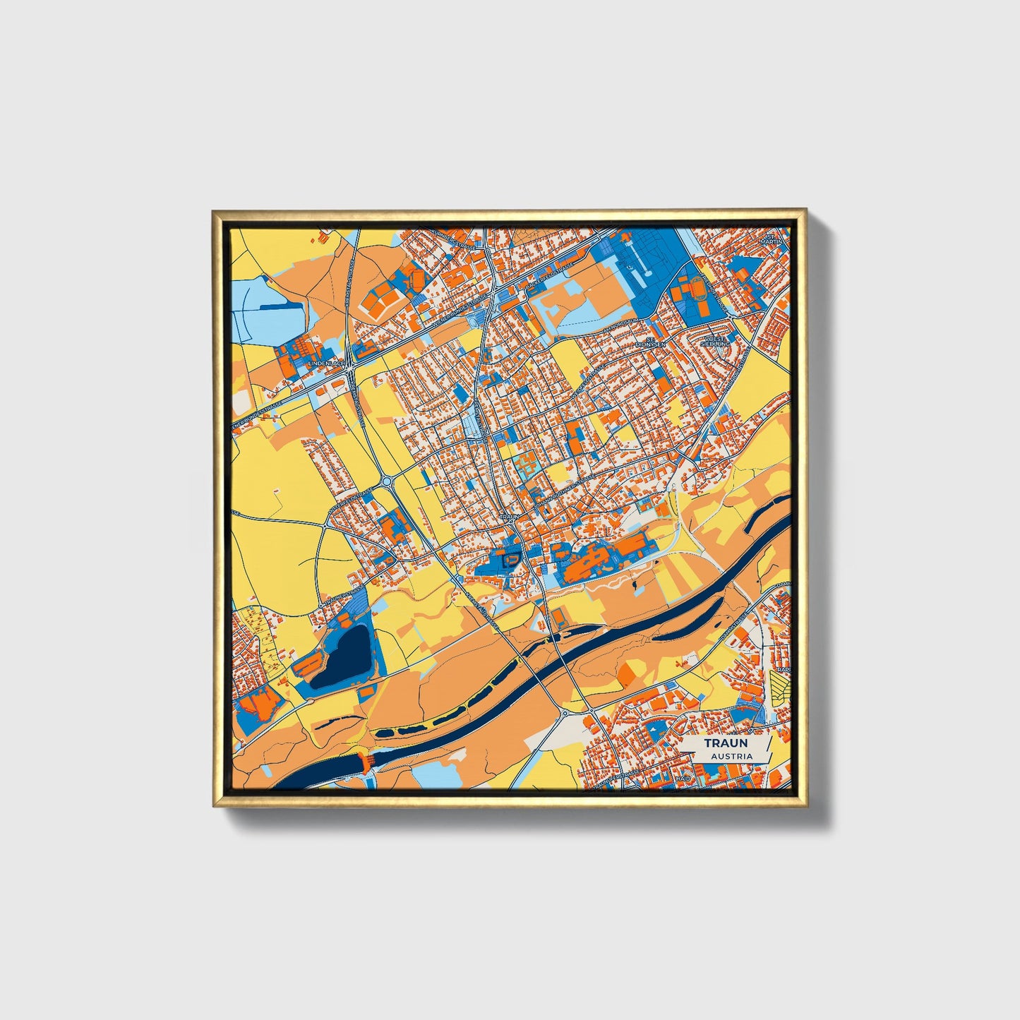 Traun Austria Colorful City Map Canvas Print • Gold Framed