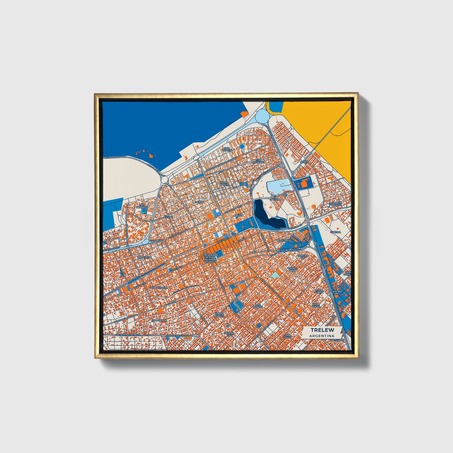 Trelew Argentina Colorful City Map Canvas Print • Gold Framed