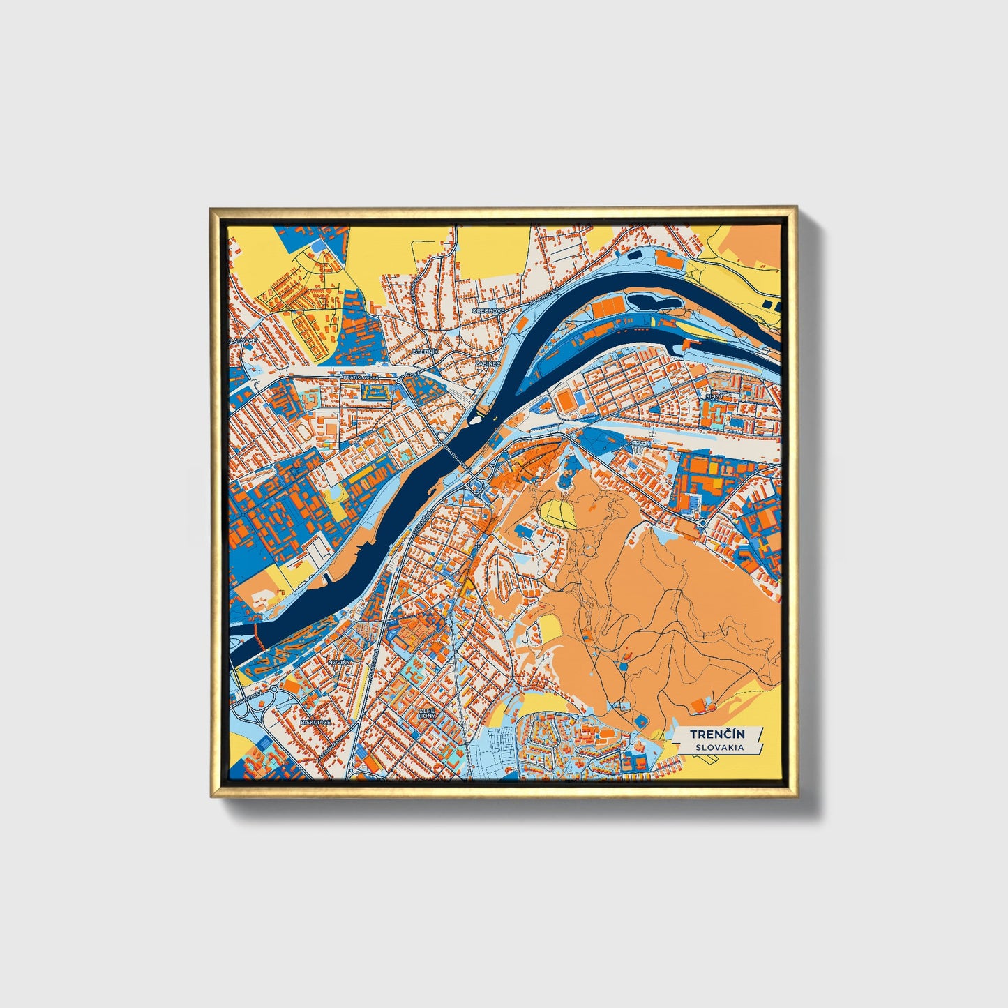 Trenčín Slovakia Colorful City Map Canvas Print • Gold Framed