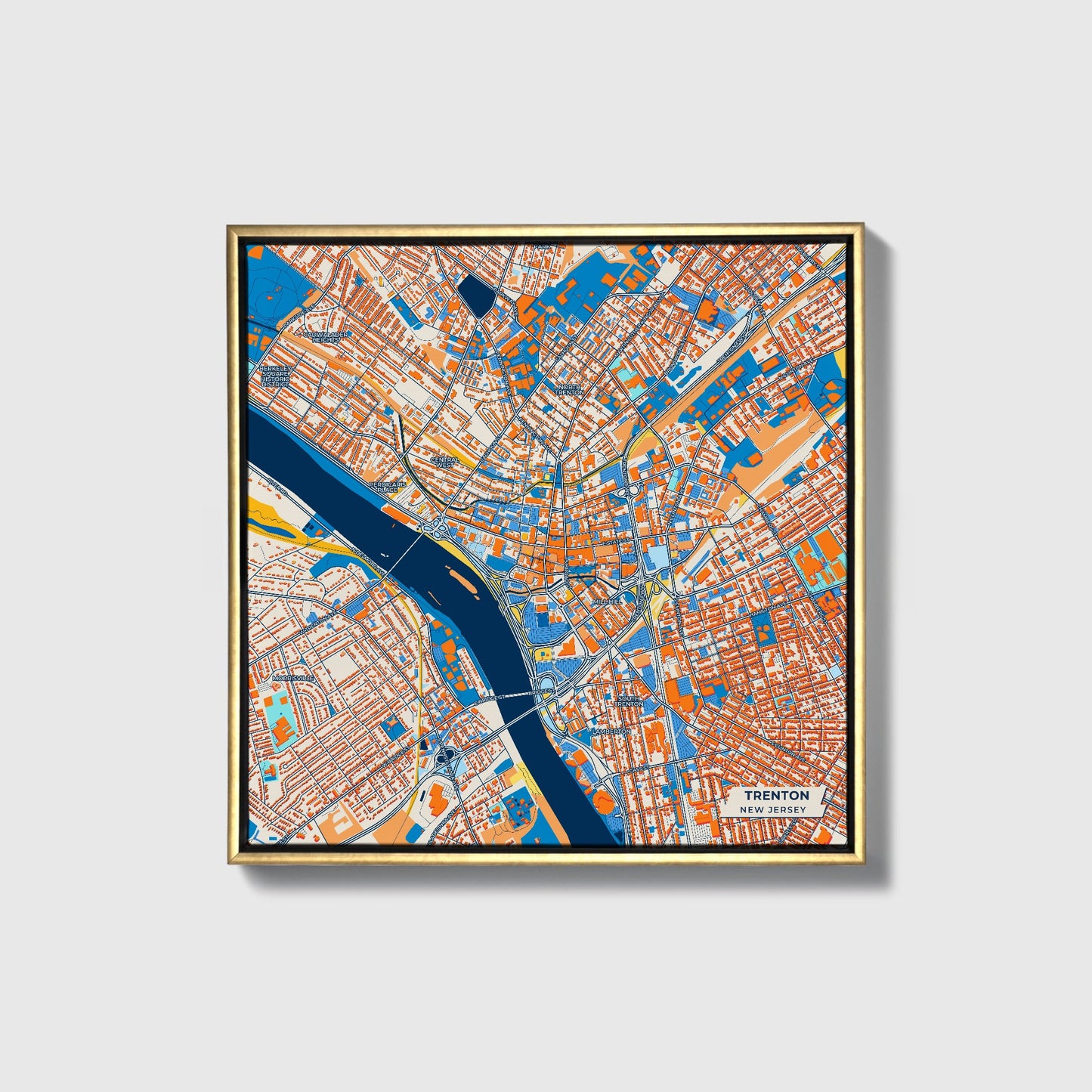 Trenton New Jersey Colorful City Map Canvas Print • Gold Framed