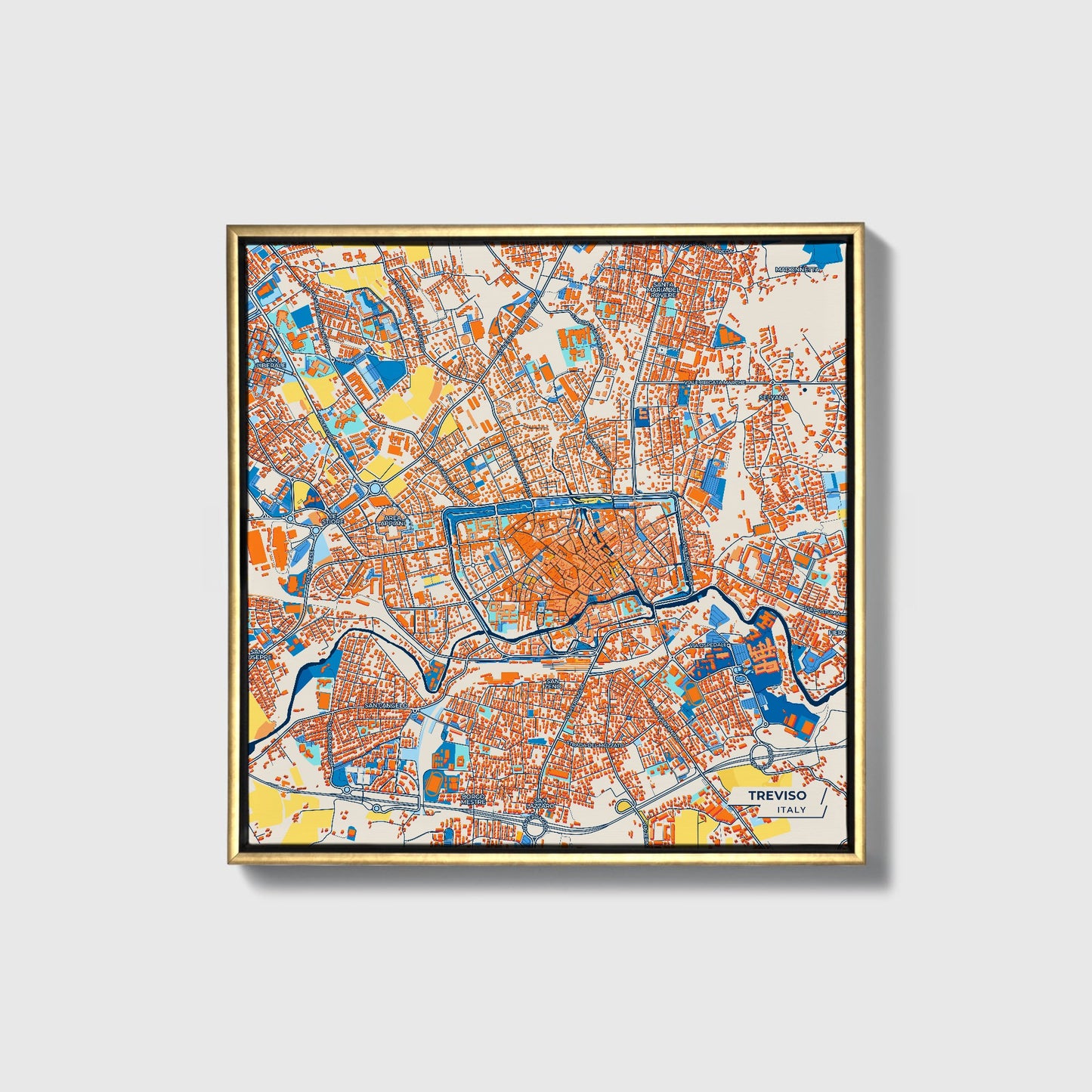 Treviso Italy Colorful City Map Canvas Print • Gold Framed