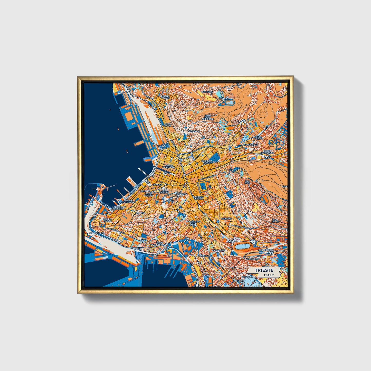Trieste Italy Colorful City Map Canvas Print • Gold Framed