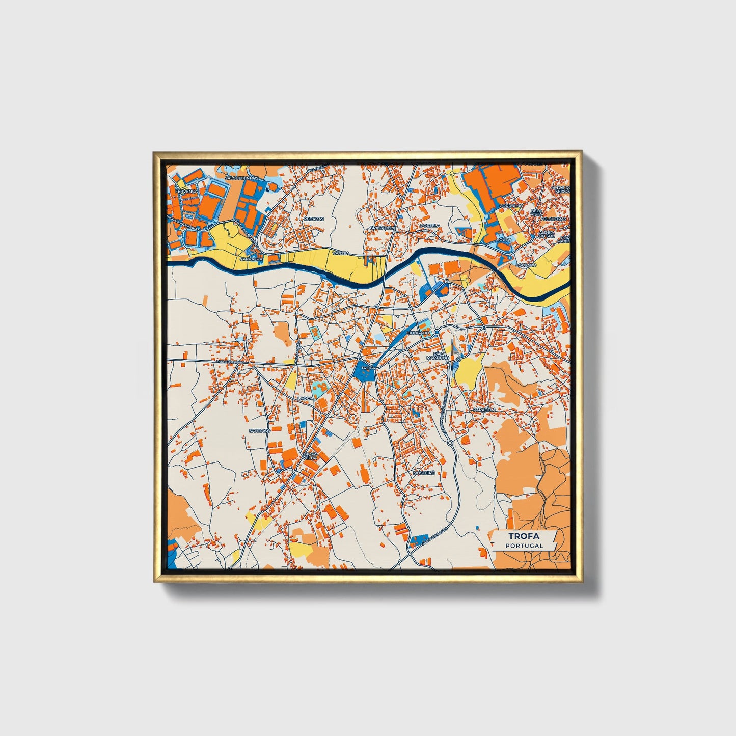 Trofa Portugal Colorful City Map Canvas Print • Gold Framed