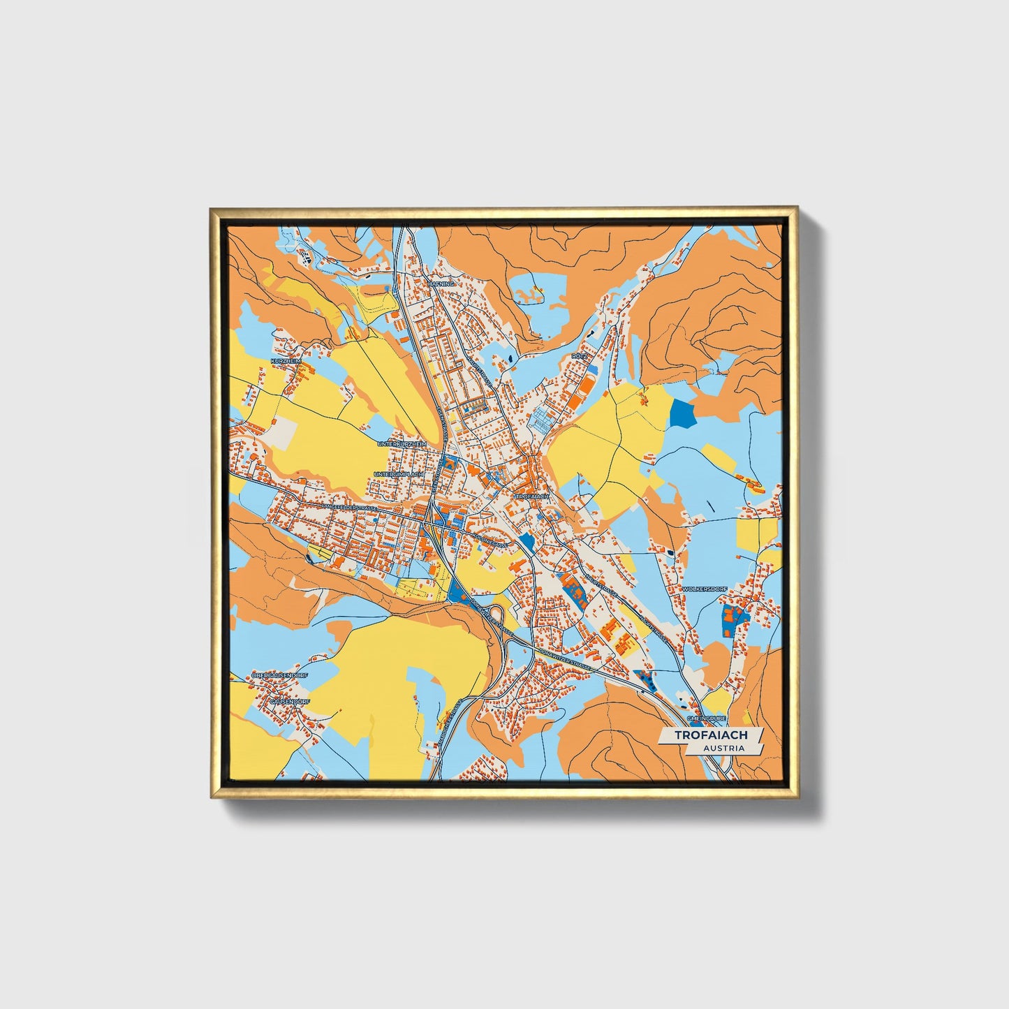 Trofaiach Austria Colorful City Map Canvas Print • Gold Framed