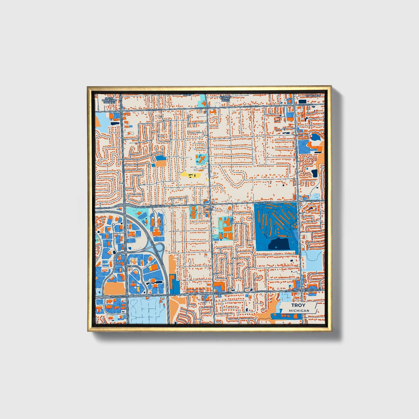 Troy Michigan Colorful City Map Canvas Print • Gold Framed