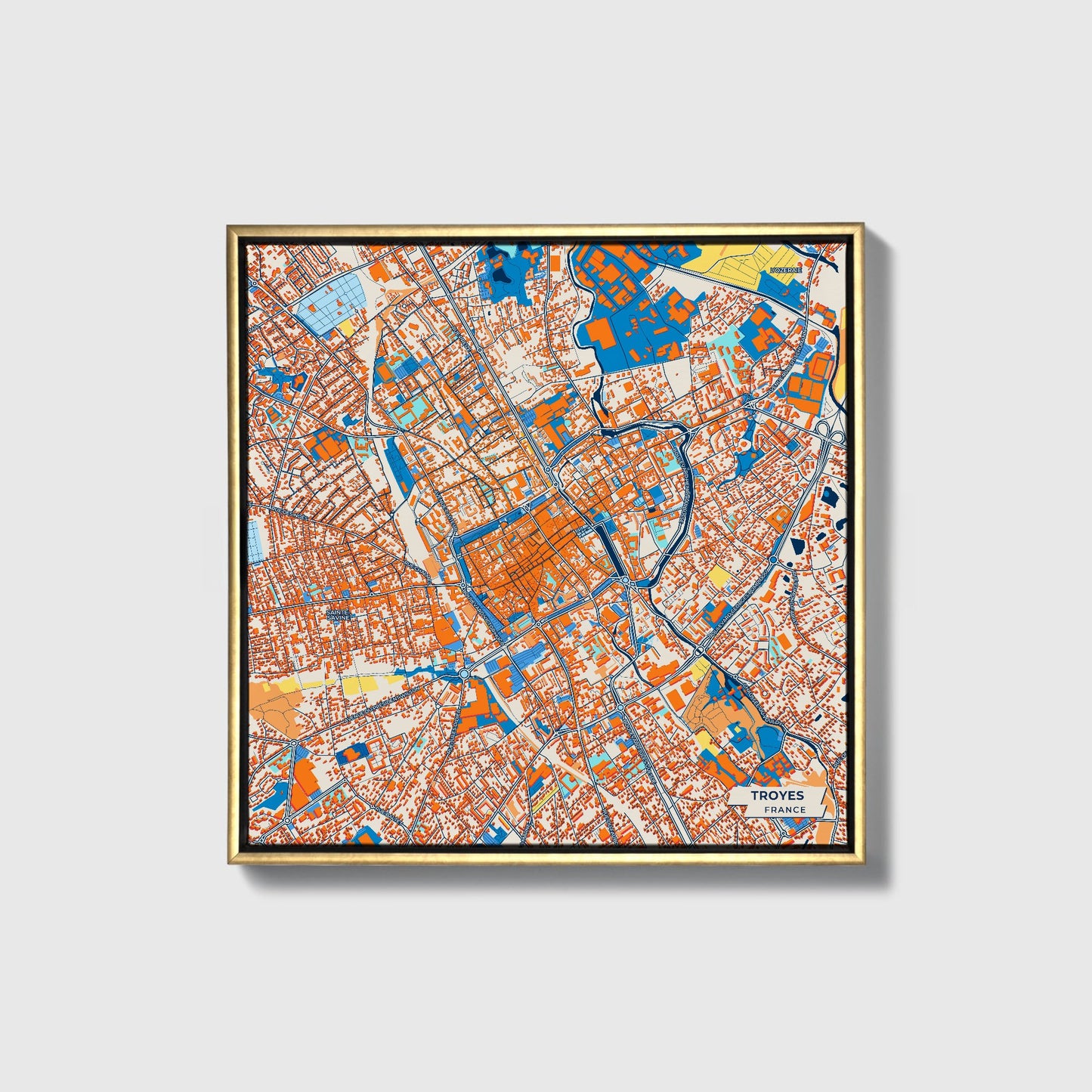 Troyes France Colorful City Map Canvas Print • Gold Framed