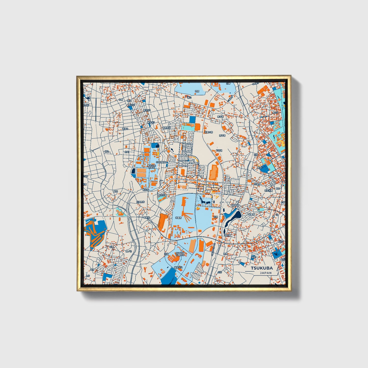Tsukuba Japan Colorful City Map Canvas Print • Gold Framed