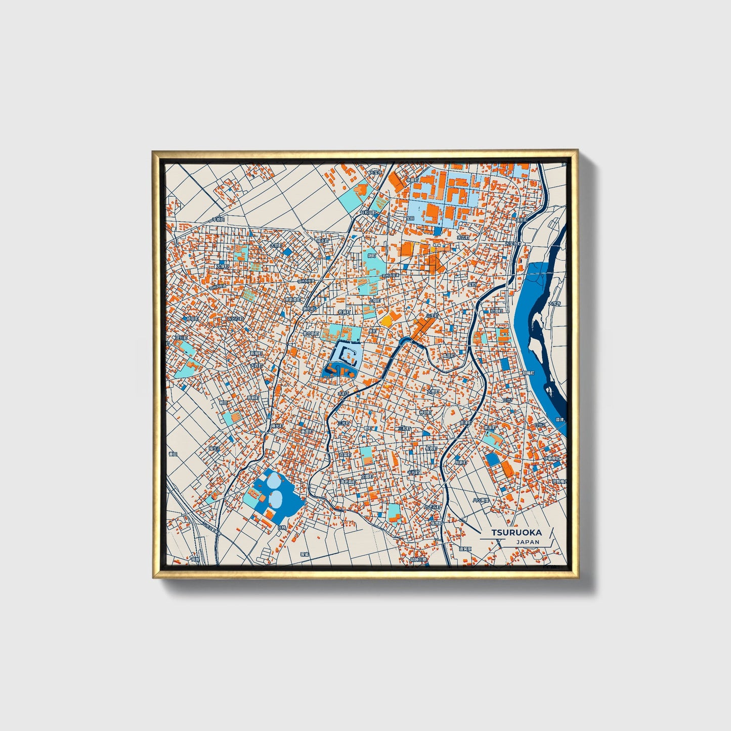Tsuruoka Japan Colorful City Map Canvas Print • Gold Framed