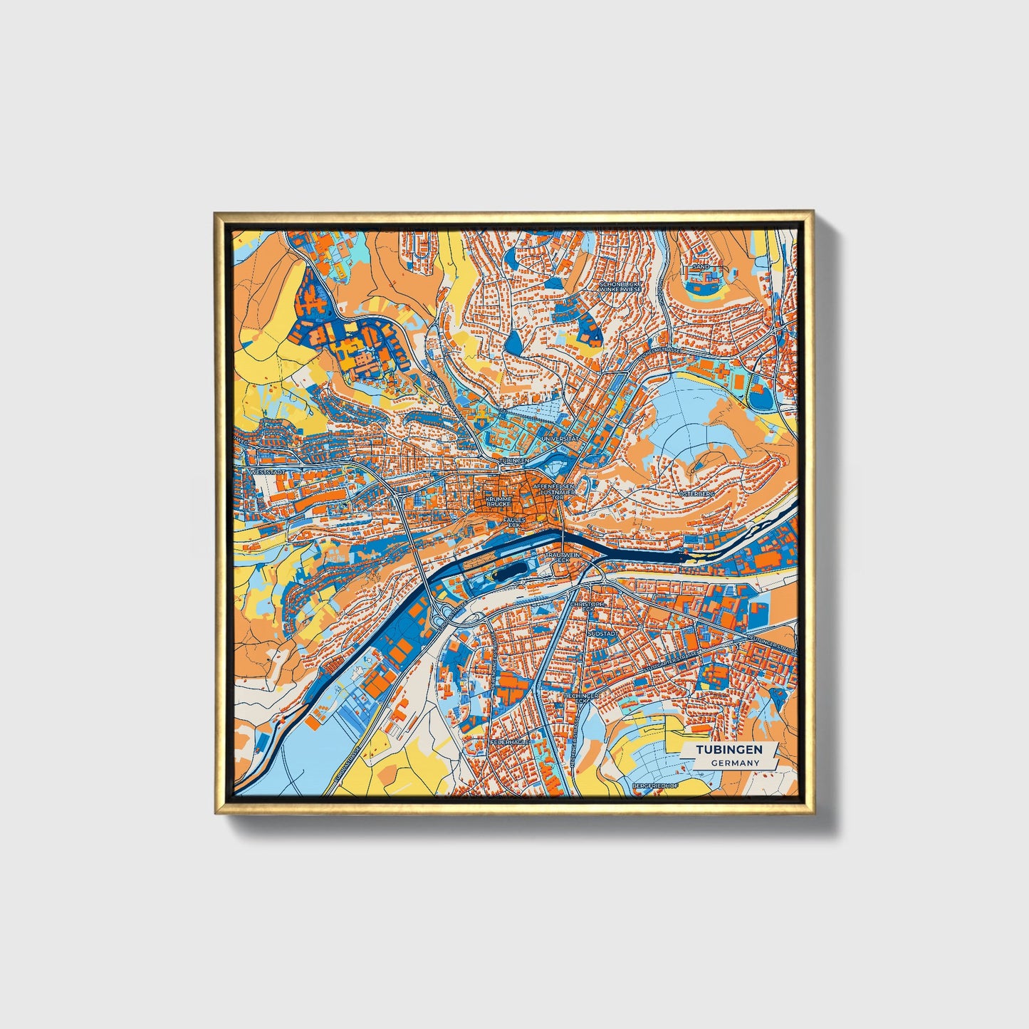 Tübingen Germany Colorful City Map Canvas Print • Gold Framed