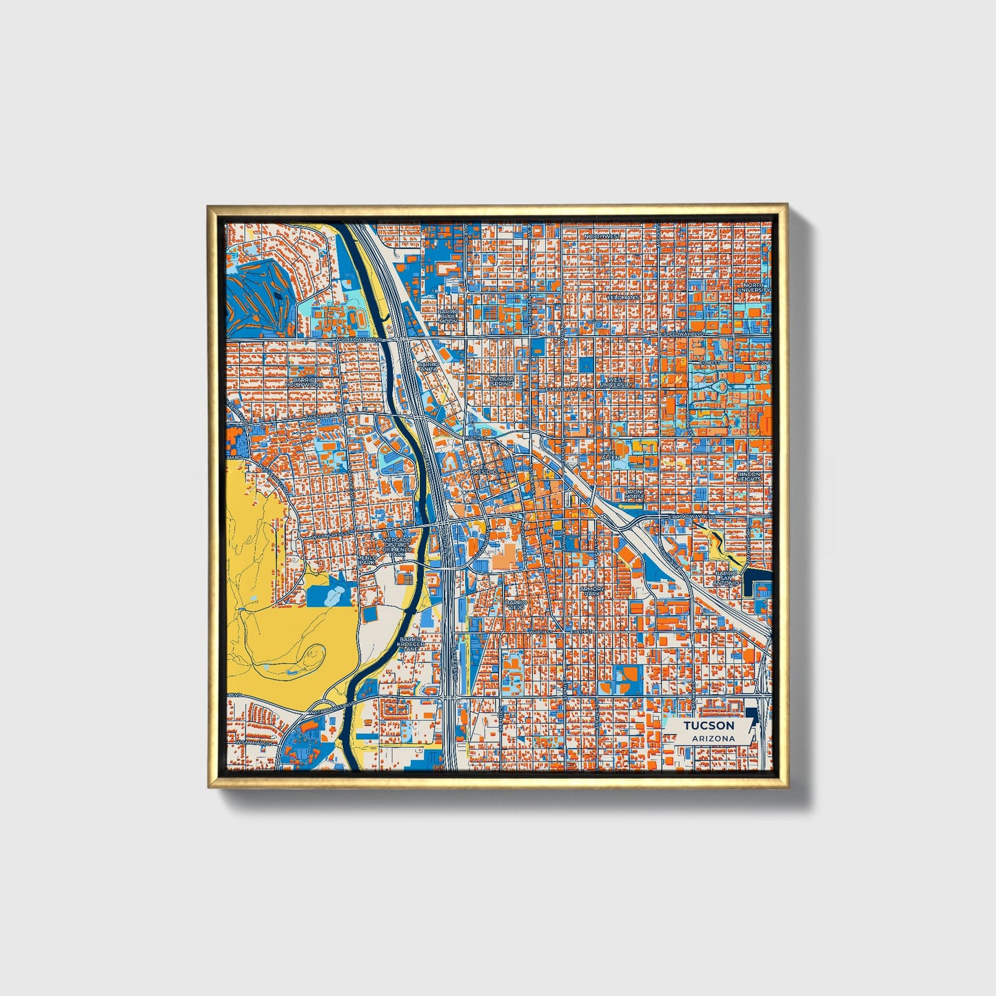 Tucson Arizona Colorful City Map Canvas Print • Gold Framed