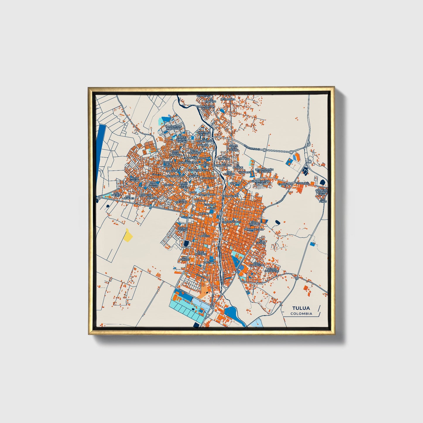 Tulua Colombia Colorful City Map Canvas Print • Gold Framed