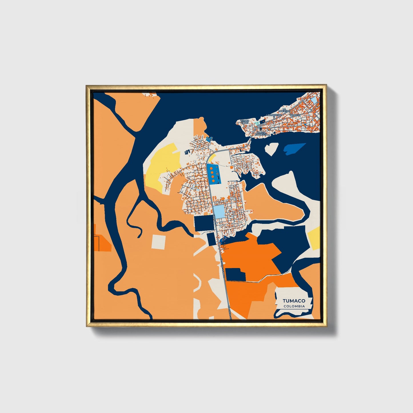 Tumaco Colombia Colorful City Map Canvas Print • Gold Framed