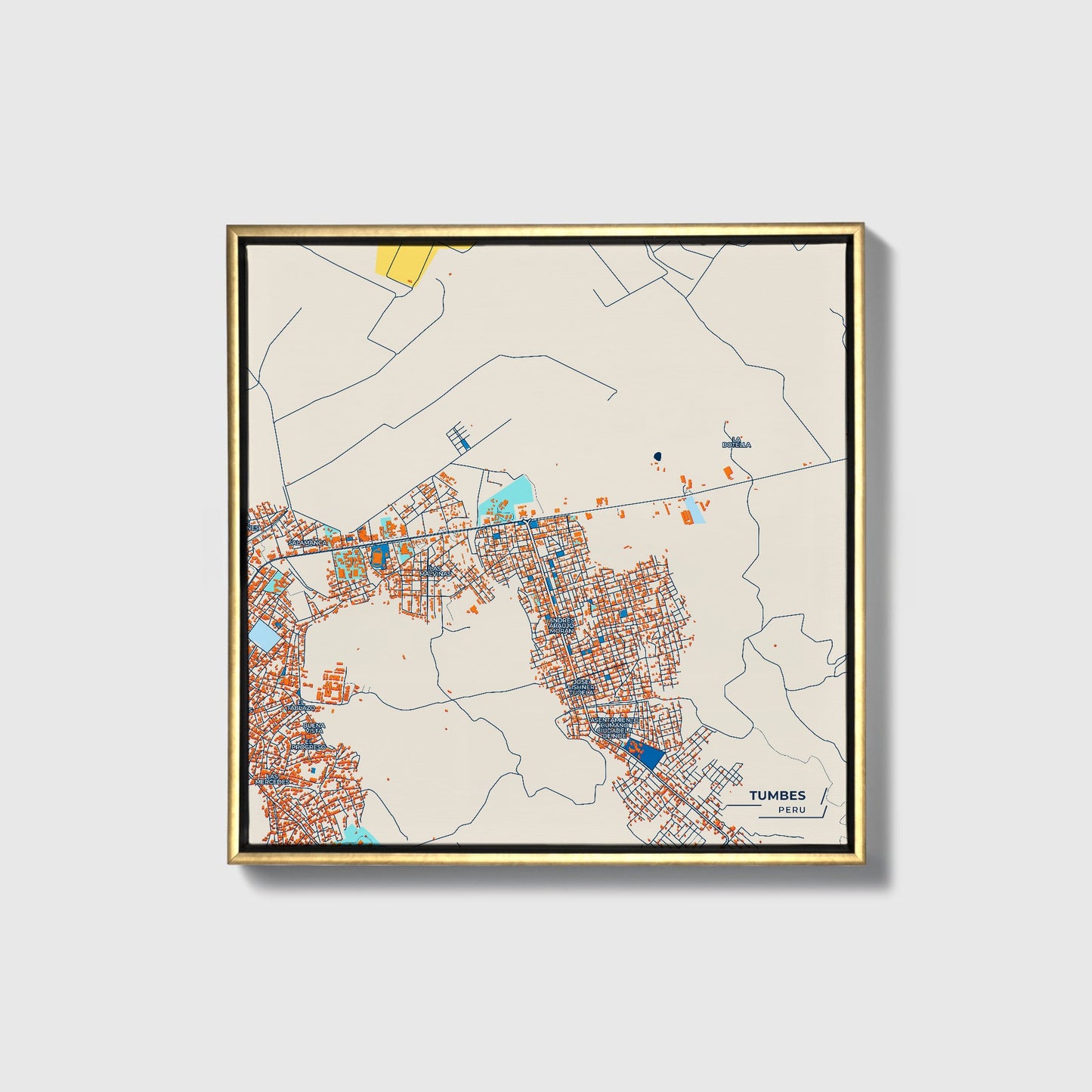 Tumbes Peru Colorful City Map Canvas Print • Gold Framed