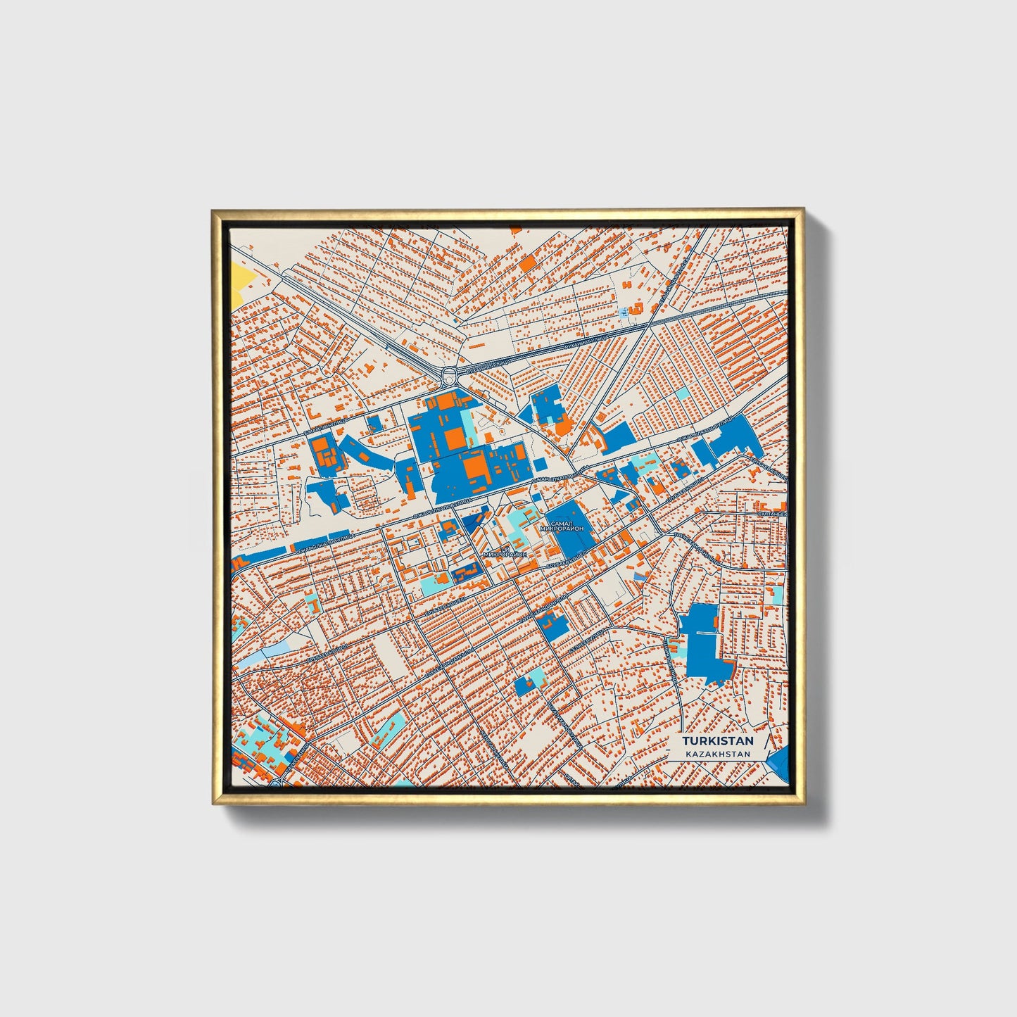 Turkistan Kazakhstan Colorful City Map Canvas Print • Gold Framed