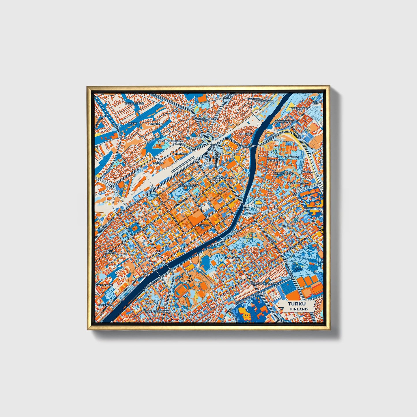 Turku Finland Colorful City Map Canvas Print • Gold Framed