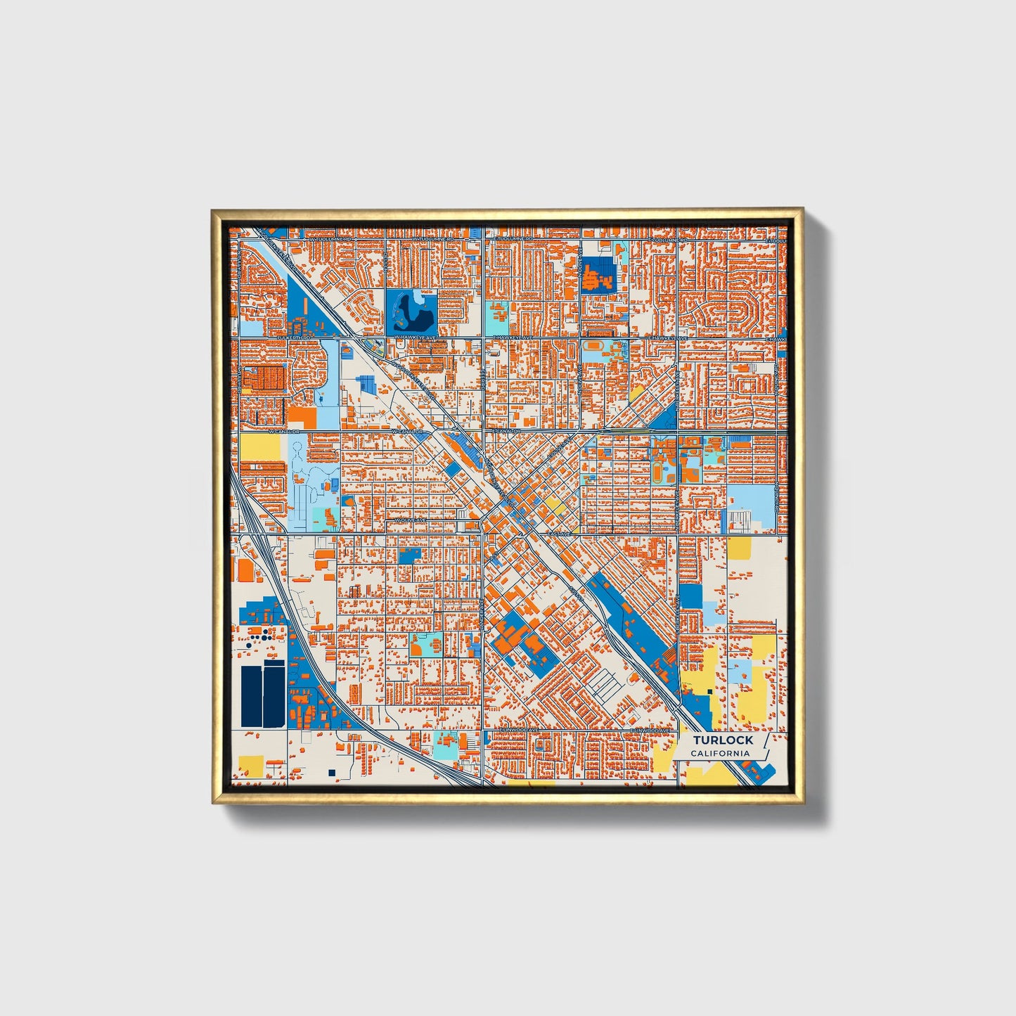 Turlock California Colorful City Map Canvas Print • Gold Framed