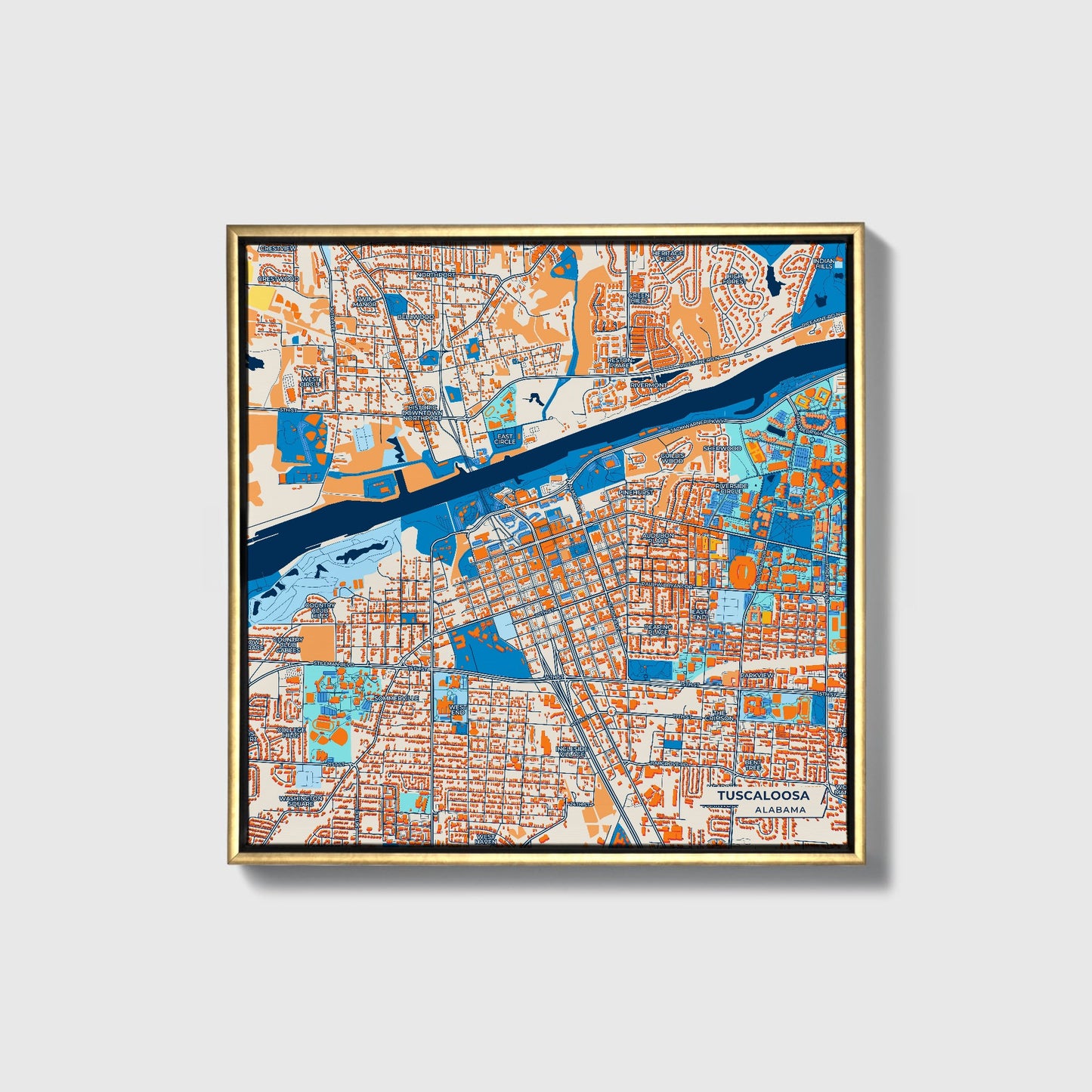 Tuscaloosa Alabama Colorful City Map Canvas Print • Gold Framed