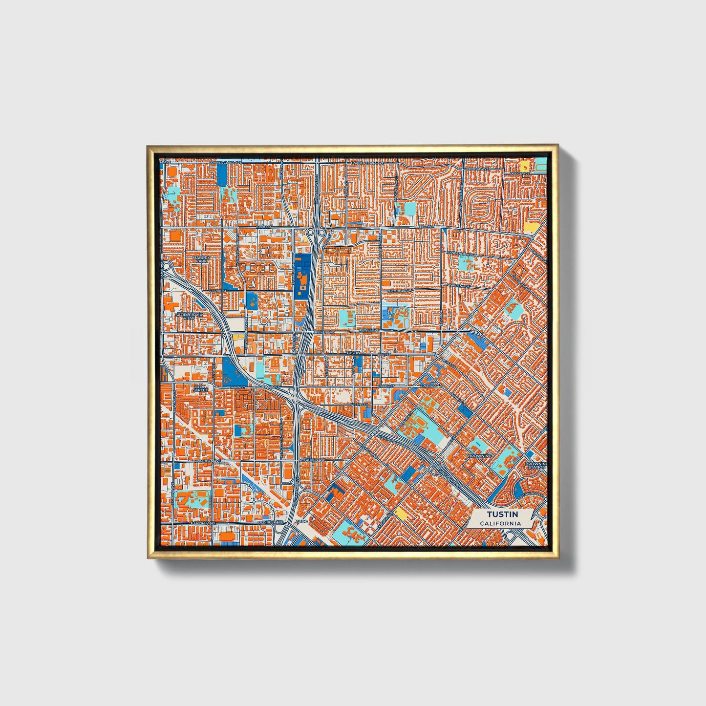 Tustin California Colorful City Map Canvas Print • Gold Framed