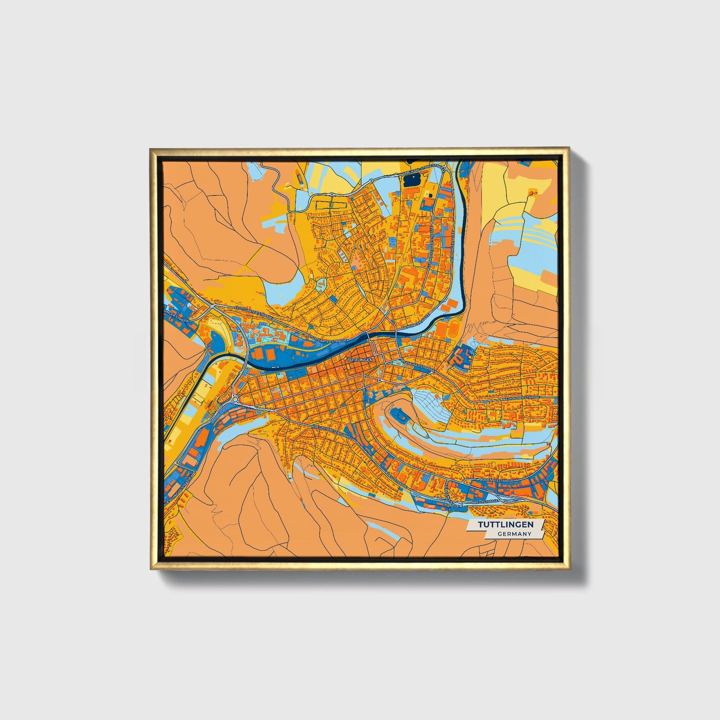 Tuttlingen Germany Colorful City Map Canvas Print • Gold Framed