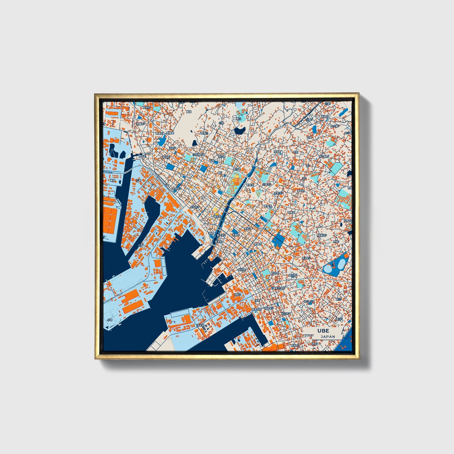 Ube Japan Colorful City Map Canvas Print • Gold Framed