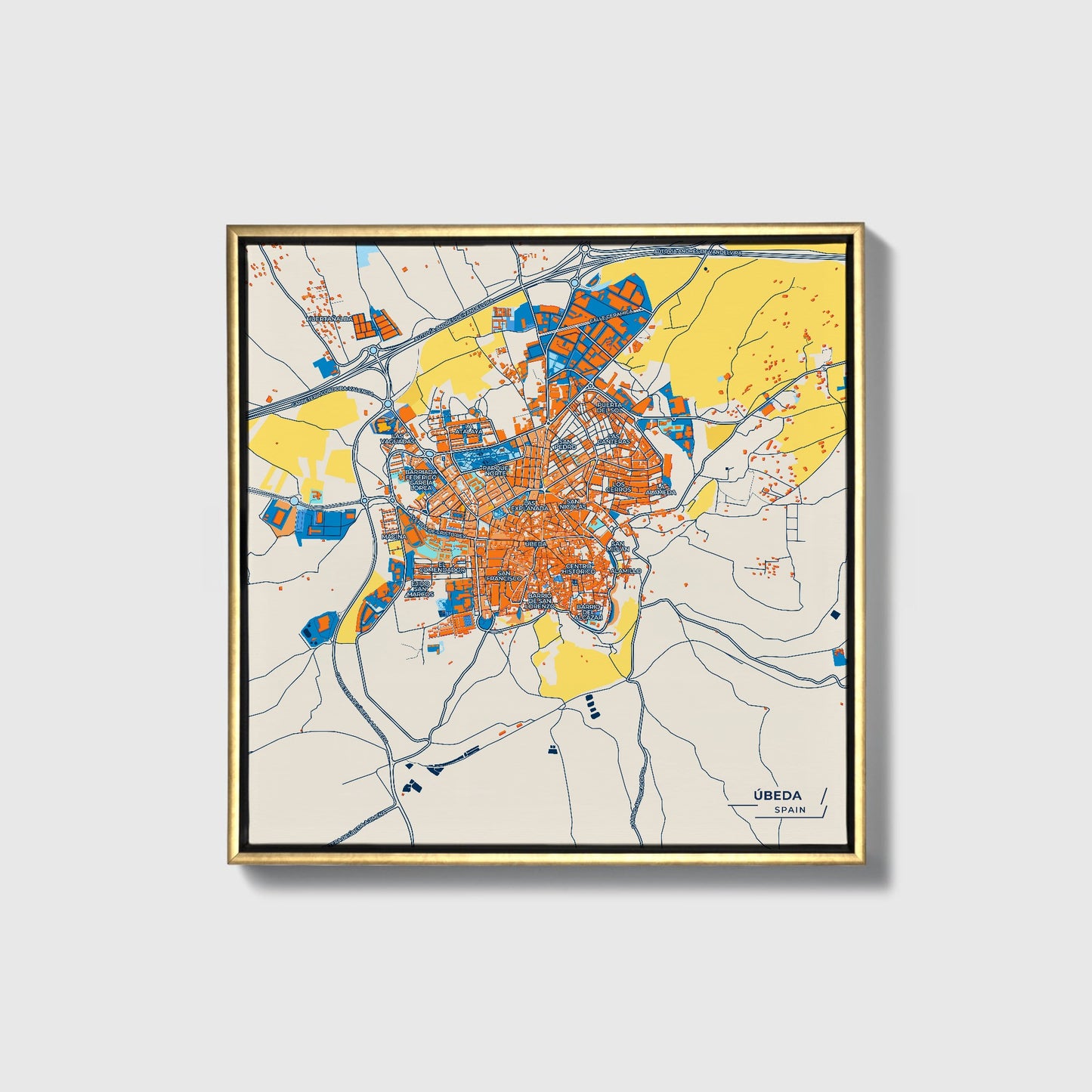 Úbeda Spain Colorful City Map Canvas Print • Gold Framed