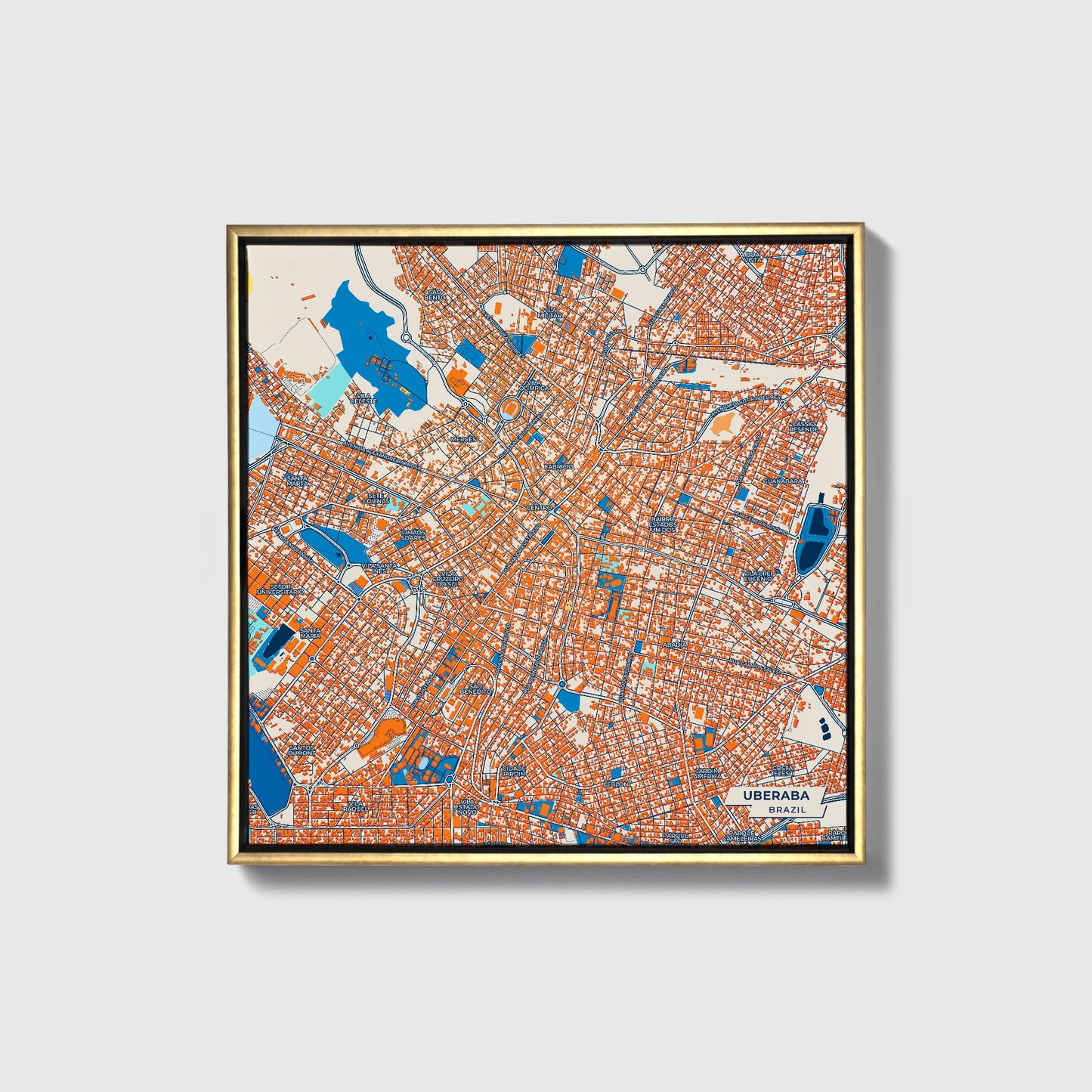 Uberaba Brazil Colorful City Map Canvas Print • Gold Framed