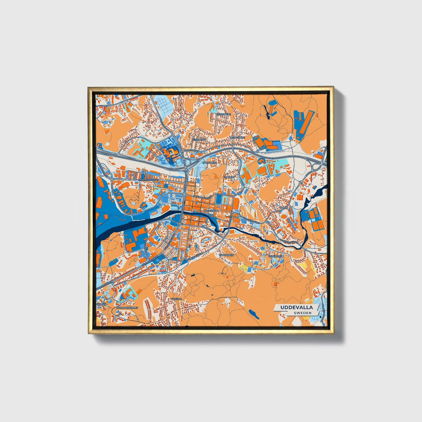Uddevalla Sweden Colorful City Map Canvas Print • Gold Framed