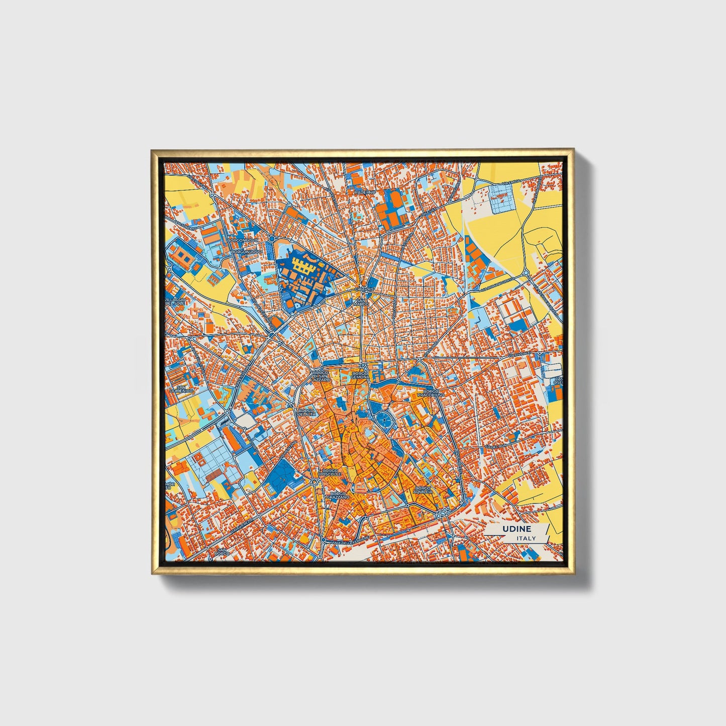 Udine Italy Colorful City Map Canvas Print • Gold Framed