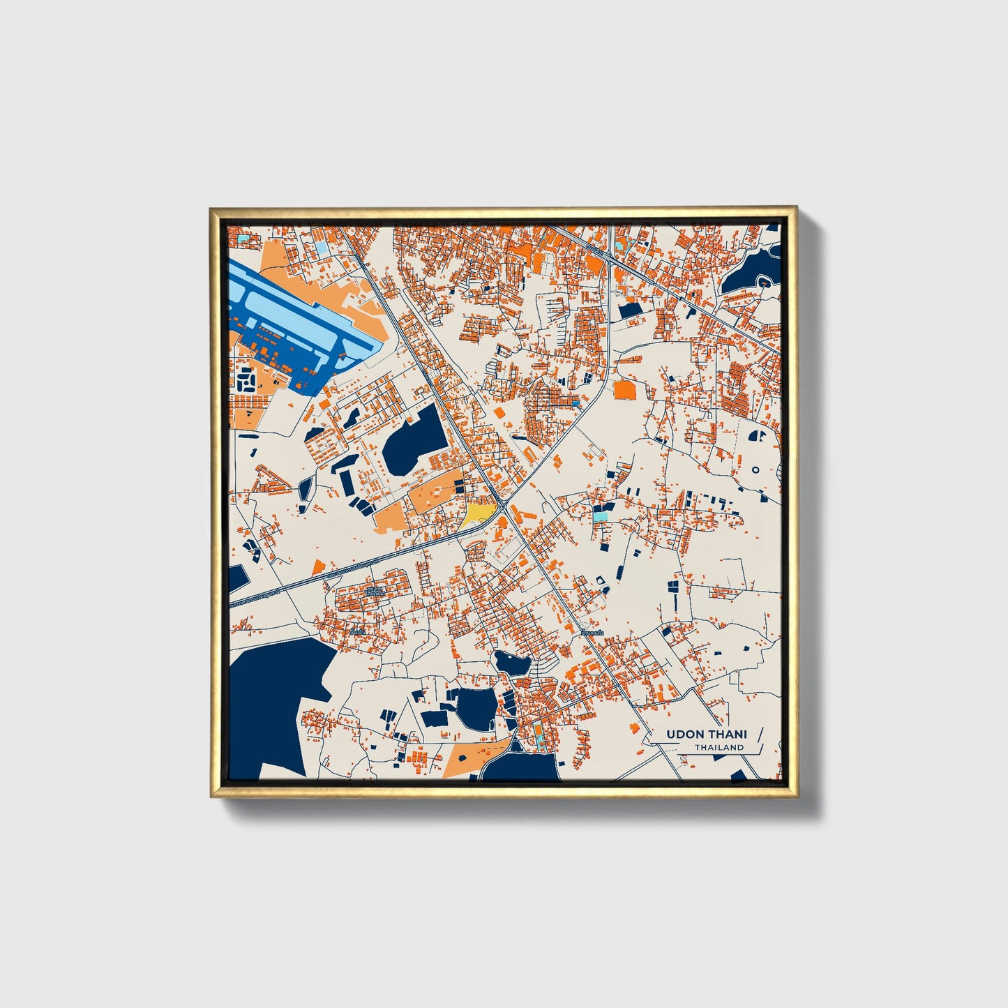 Udon Thani Thailand Colorful City Map Canvas Print • Gold Framed