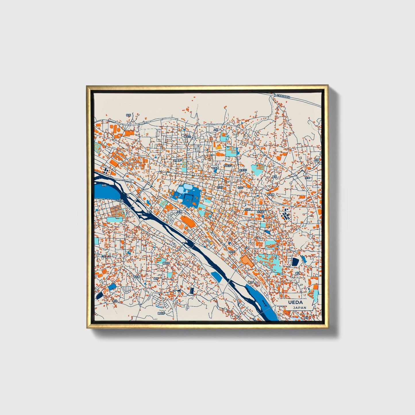Ueda Japan Colorful City Map Canvas Print • Gold Framed