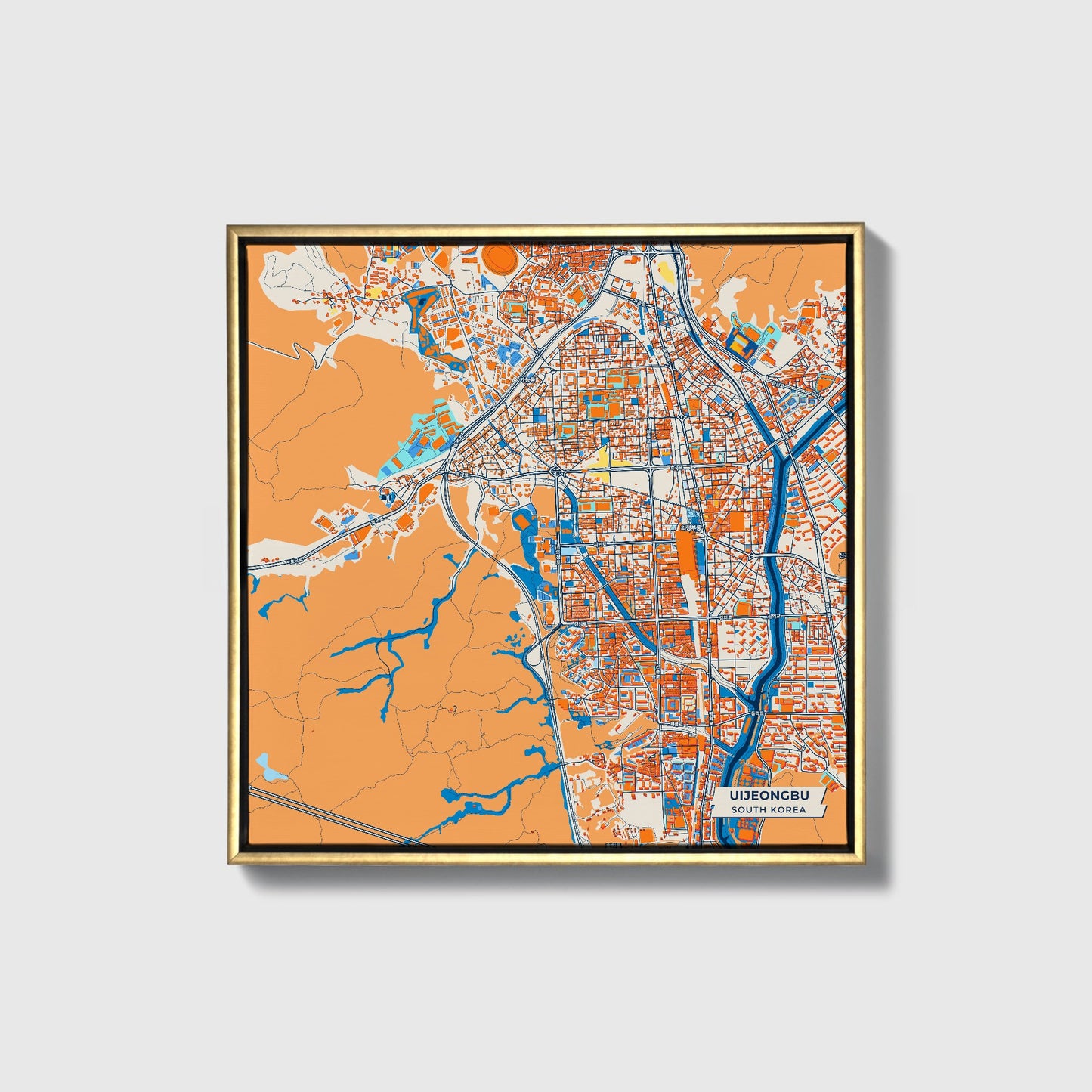 Uijeongbu South Korea Colorful City Map Canvas Print • Gold Framed