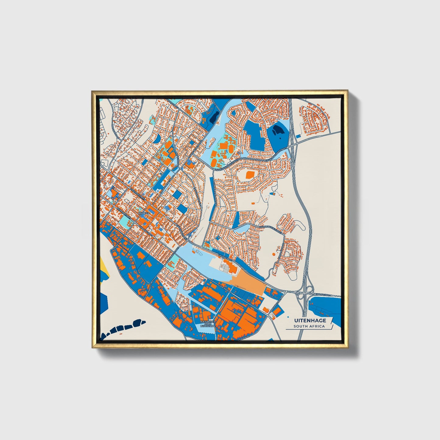 Uitenhage South Africa Colorful City Map Canvas Print • Gold Framed