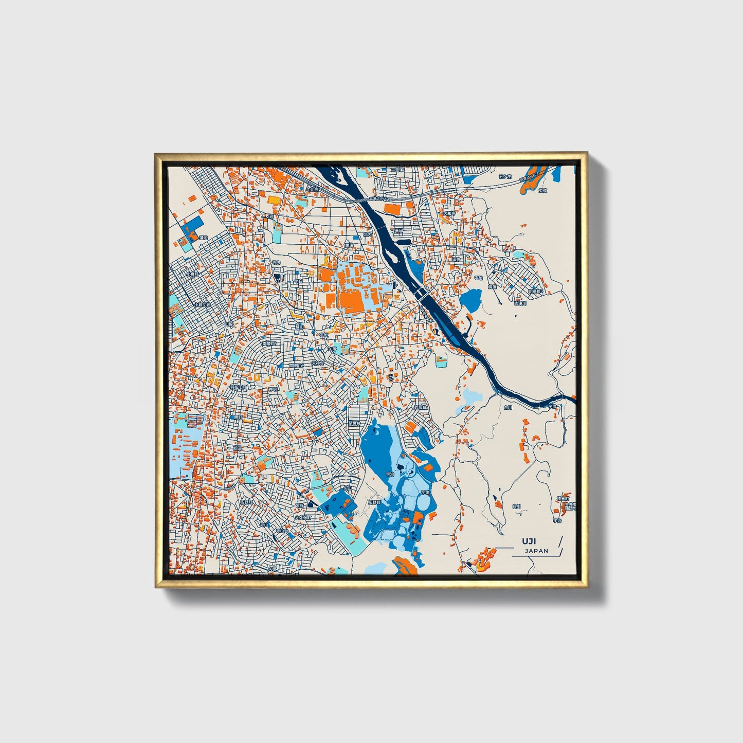 Uji Japan Colorful City Map Canvas Print • Gold Framed