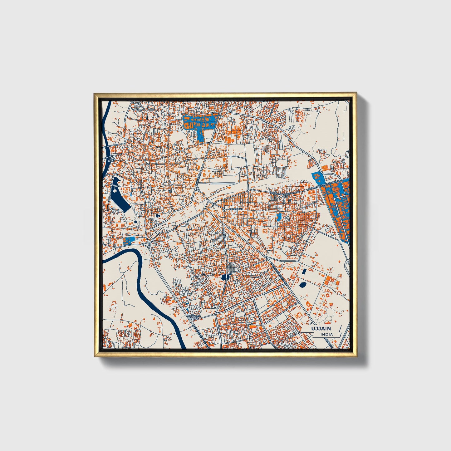 Ujjain India Colorful City Map Canvas Print • Gold Framed