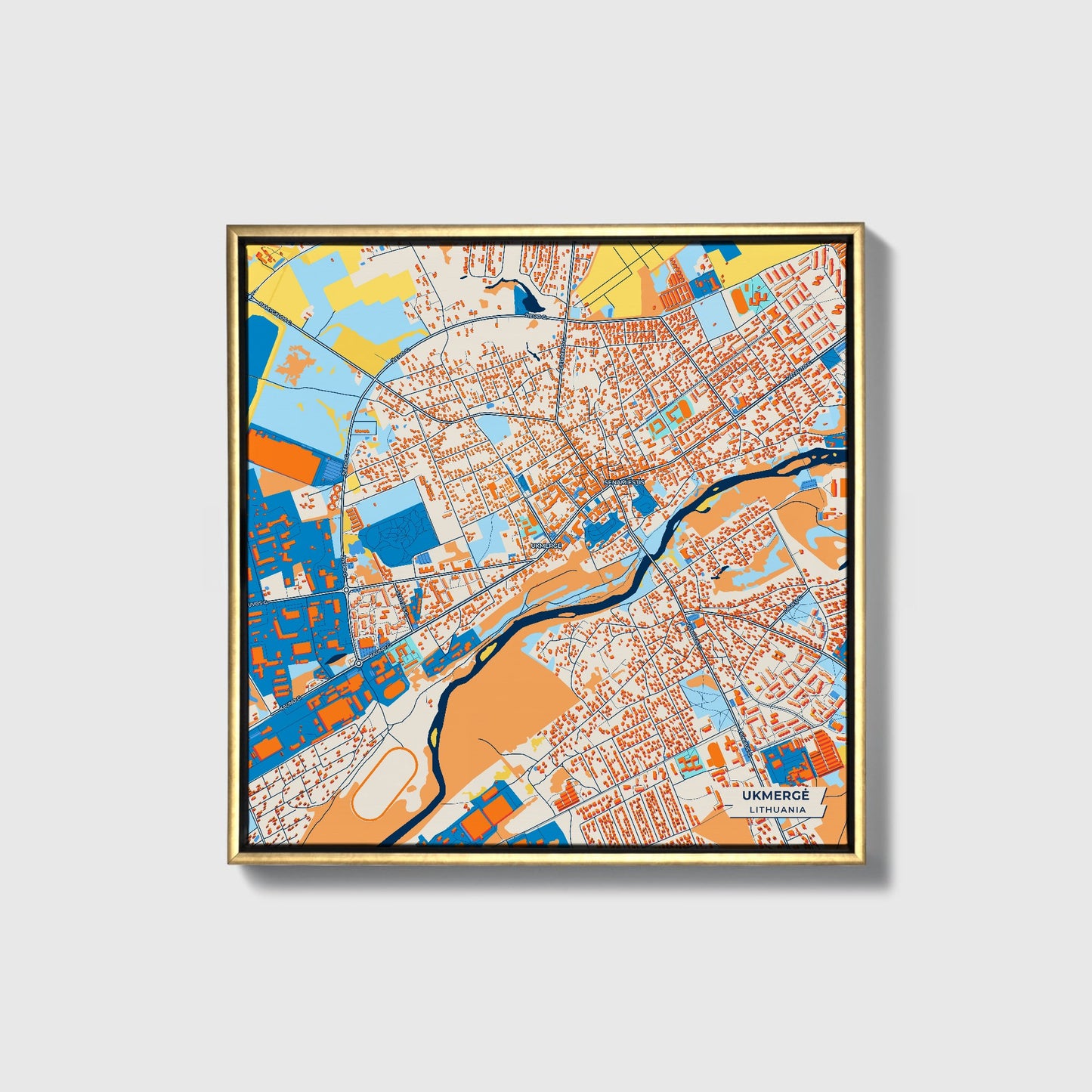 Ukmergė Lithuania Colorful City Map Canvas Print • Gold Framed