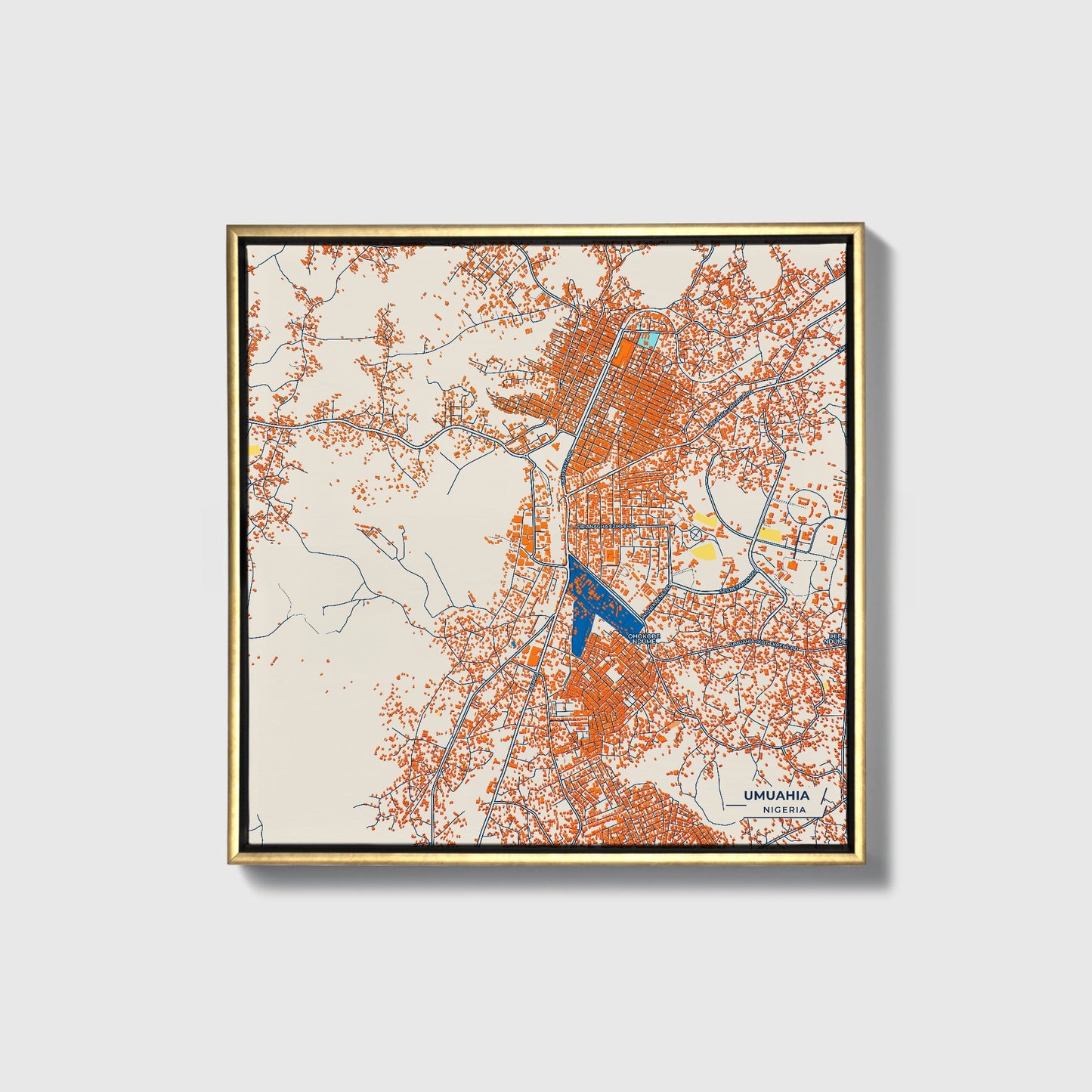 Umuahia Nigeria Colorful City Map Canvas Print • Gold Framed