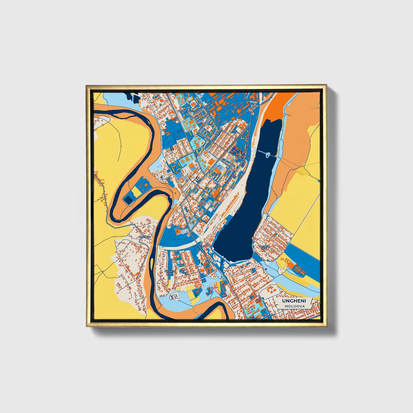 Ungheni Moldova Colorful City Map Canvas Print • Gold Framed
